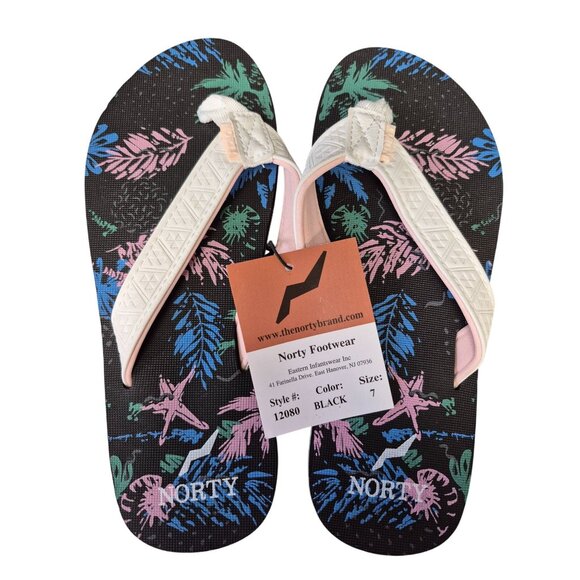 Norty Womens Size 7 Black Floral Flip Flops With White Straps - Picture 1 of 2